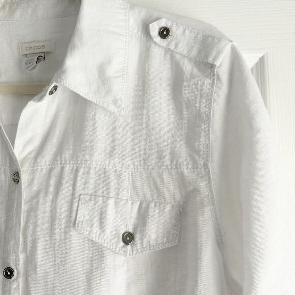 Chico’s White Button Front Shirt Size 2 Roll Tab Sleeves Utility Top - Picture 3 of 10